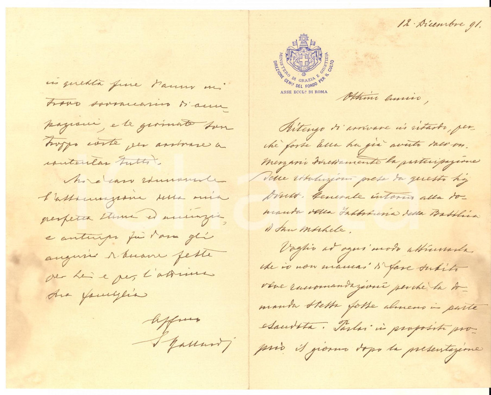 1891 ROMA Lettera Siro GALLARDI RIVOLTA pro San Michele di Pavia - Autografo