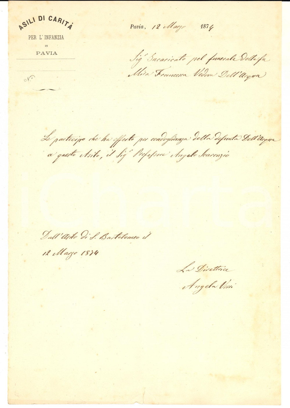 1874 PAVIA Asilo Carità - Direttrice Angela VERRI per offerta condoglianza