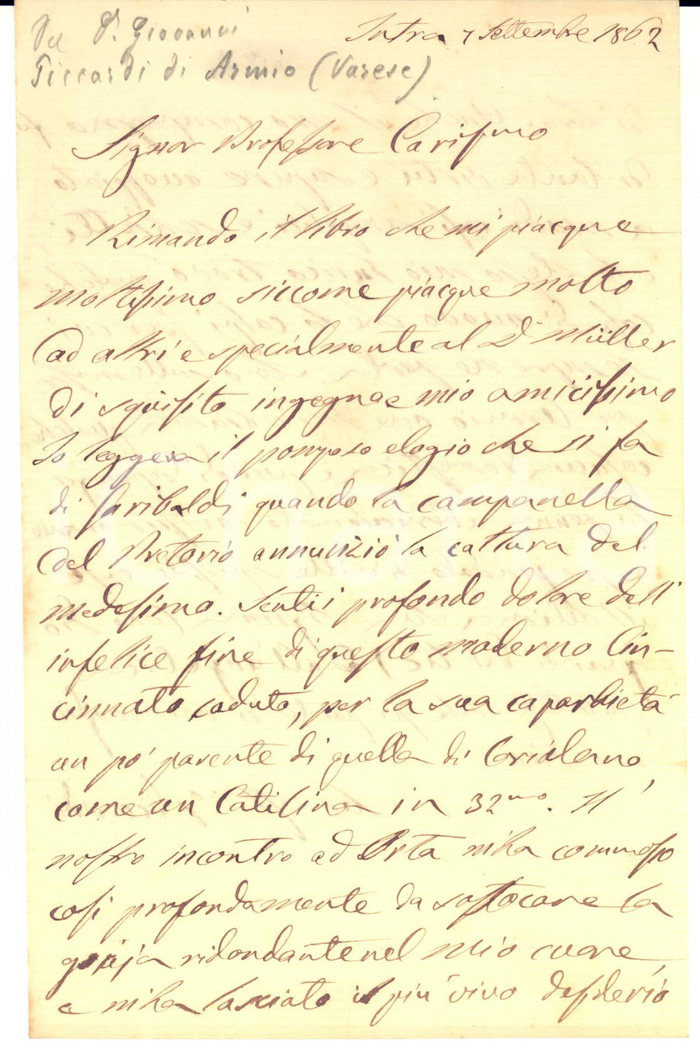 1862 VERBANIA INTRA Lettera Giovanni PICCARDI per libro ricevuto - AUTOGRAFO