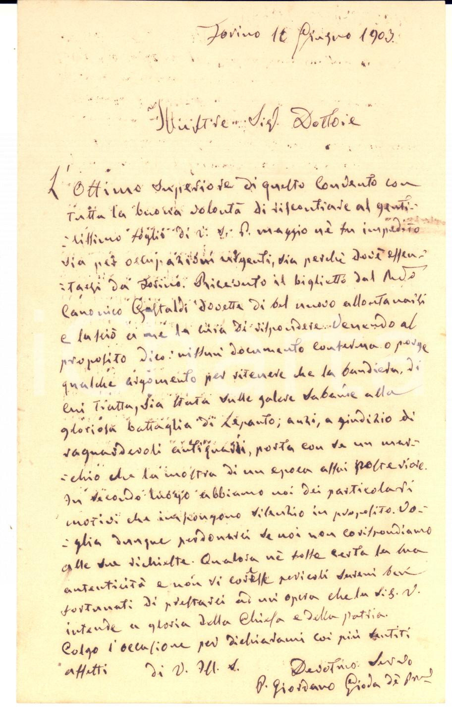 1903 TORINO Lettera padre Giordano GIODA su autenticità di bandiera - AUTOGRAFO