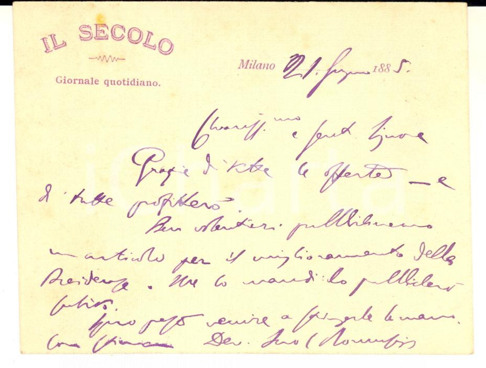 1885 MILANO Giornale IL SECOLO - Biglietto Carlo ROMUSSI per articolo *AUTOGRAFO
