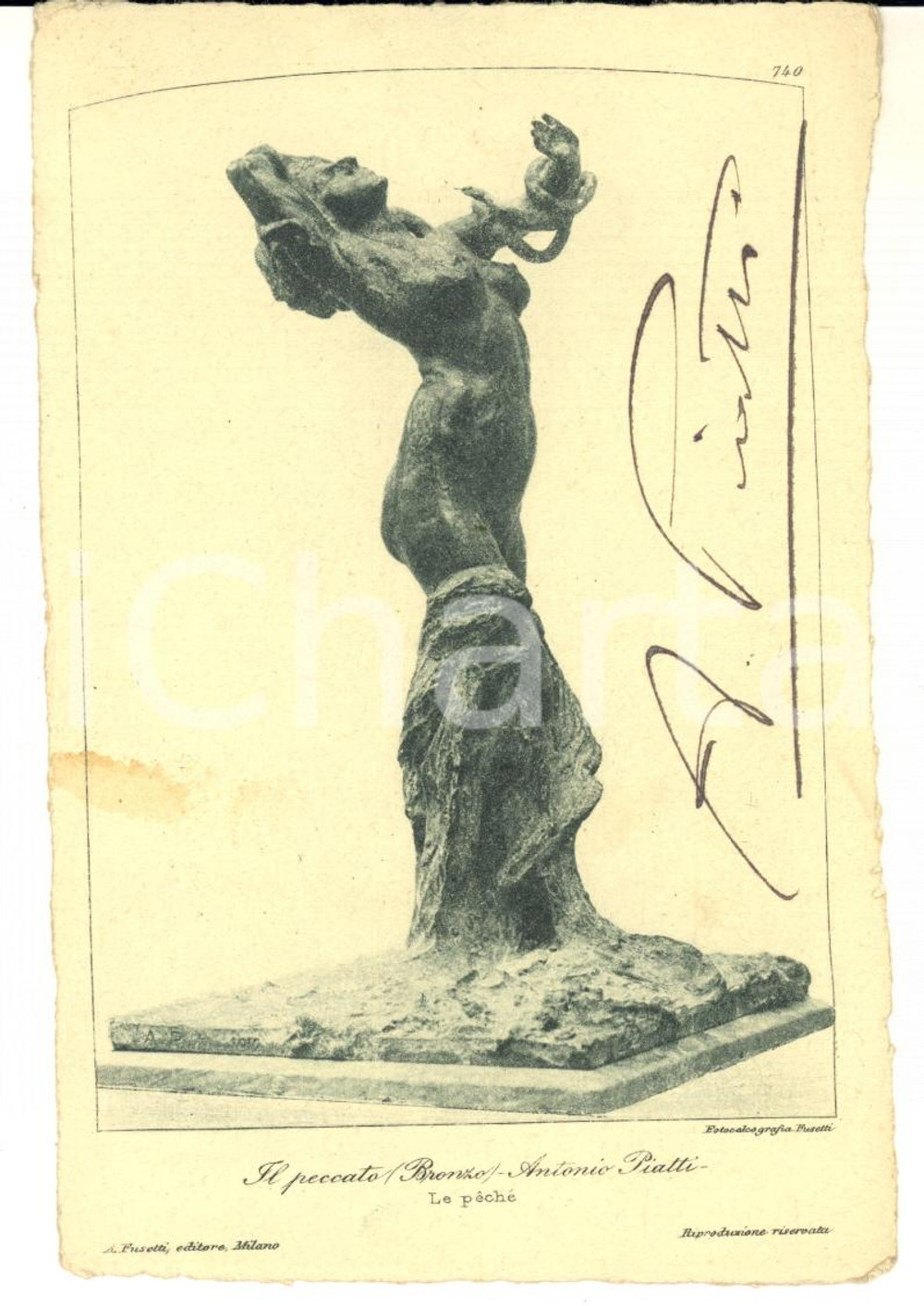 1920 ca Pittore Antonio PIATTI "Il peccato" - Cartolina postale con AUTOGRAFO