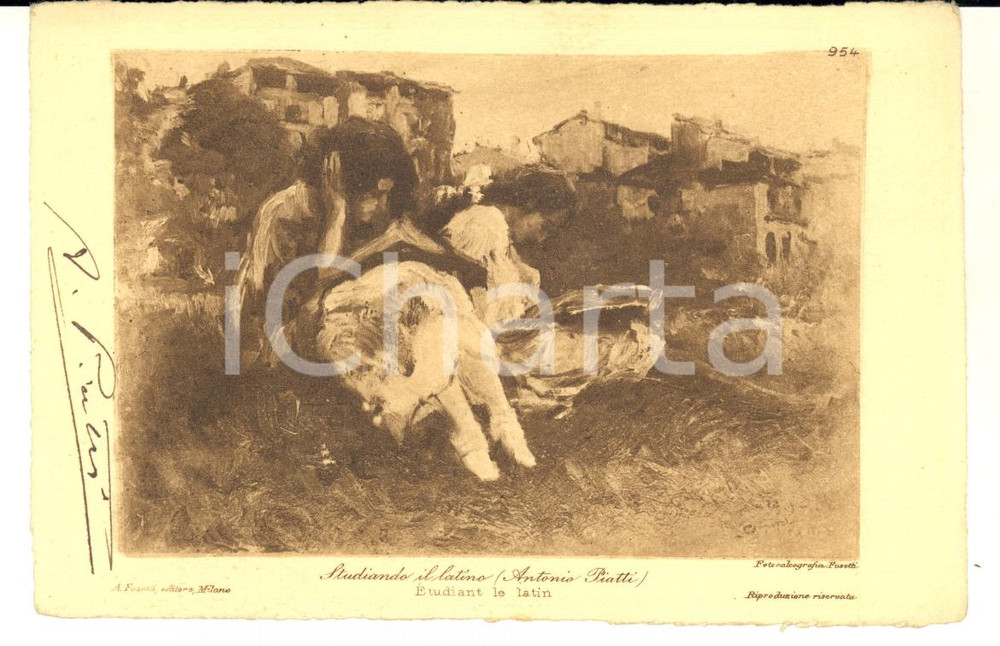 1920 ca Pittore Antonio PIATTI "Studiando il latino" - Cartolina con AUTOGRAFO