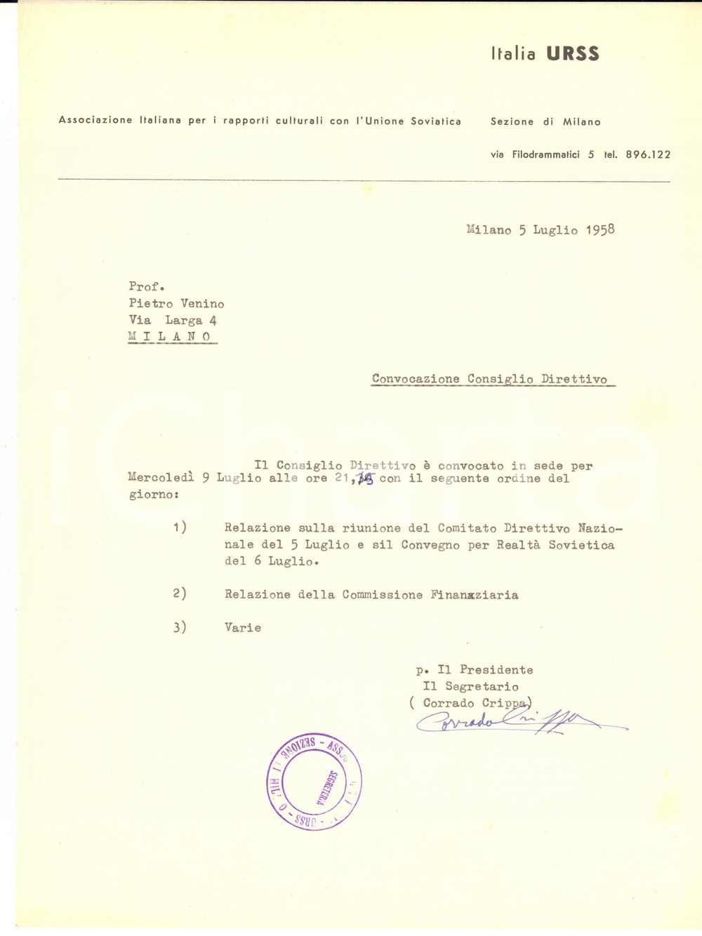 1958 MILANO Associazione ITALIA - URSS Lettera segretario Corrado CRIPPA
