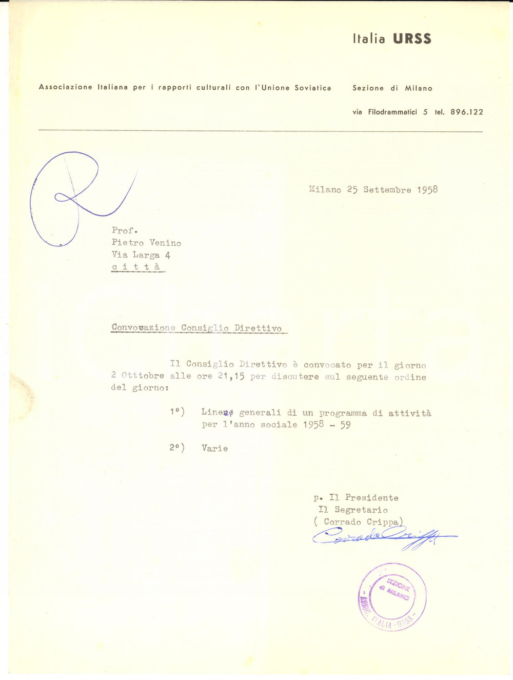 1958 MILANO Associazione ITALIA - URSS Lettera del segretario Corrado CRIPPA