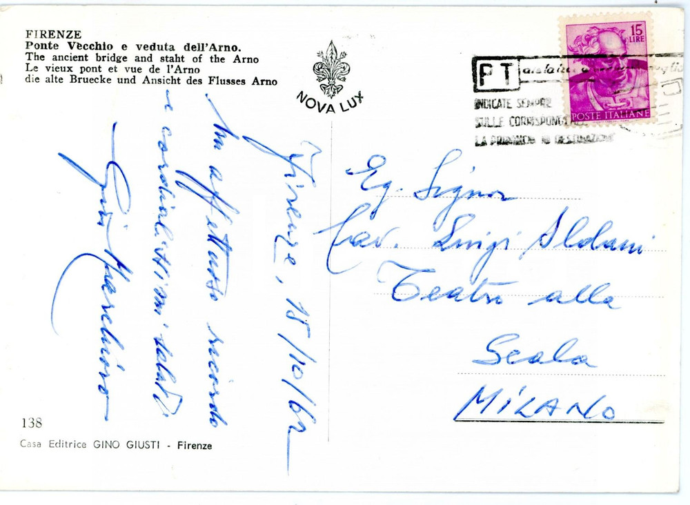 1962 FIRENZE Cartolina Giuseppe MARCHIORO a Luigi OLDANI - AUTOGRAFO FG VG