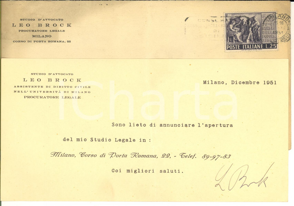 1951 MILANO Avvocato Leo BROCK - Biglietto apertura studio AUTOGRAFO