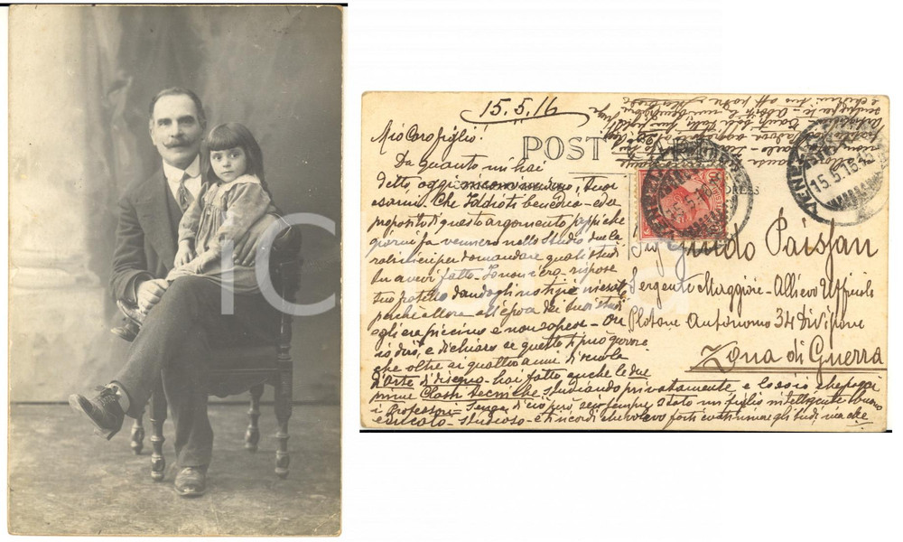 Fotografia d epoca originale 1916 VENEZIA Foto Alcibiade PAISSAN con messaggio al figlio Autografo 1
