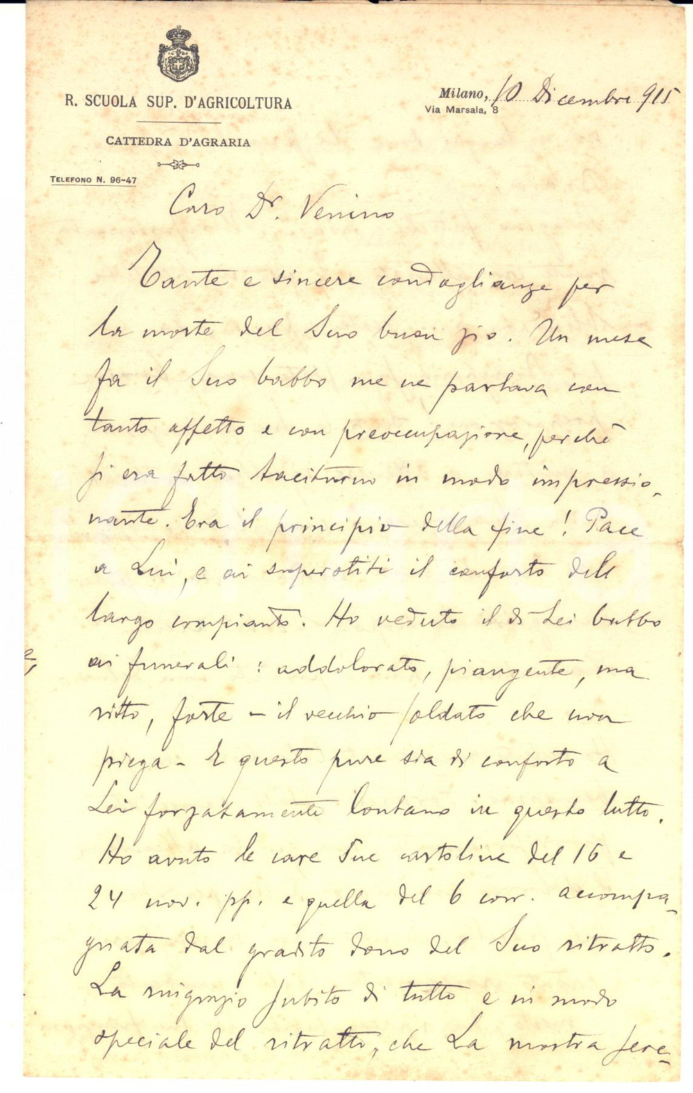 1915 MILANO Scuola d'Agricoltura -  Vittorio ALPE per condoglianze - AUTOGRAFO