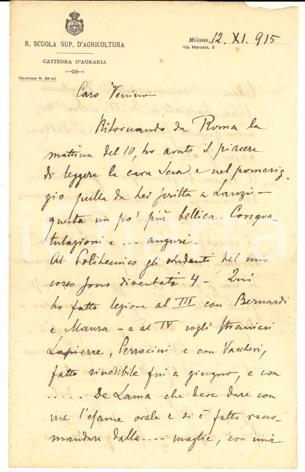 1915 MILANO Lettera Vittorio ALPE sulla Scuola d'Agricoltura - AUTOGRAFO