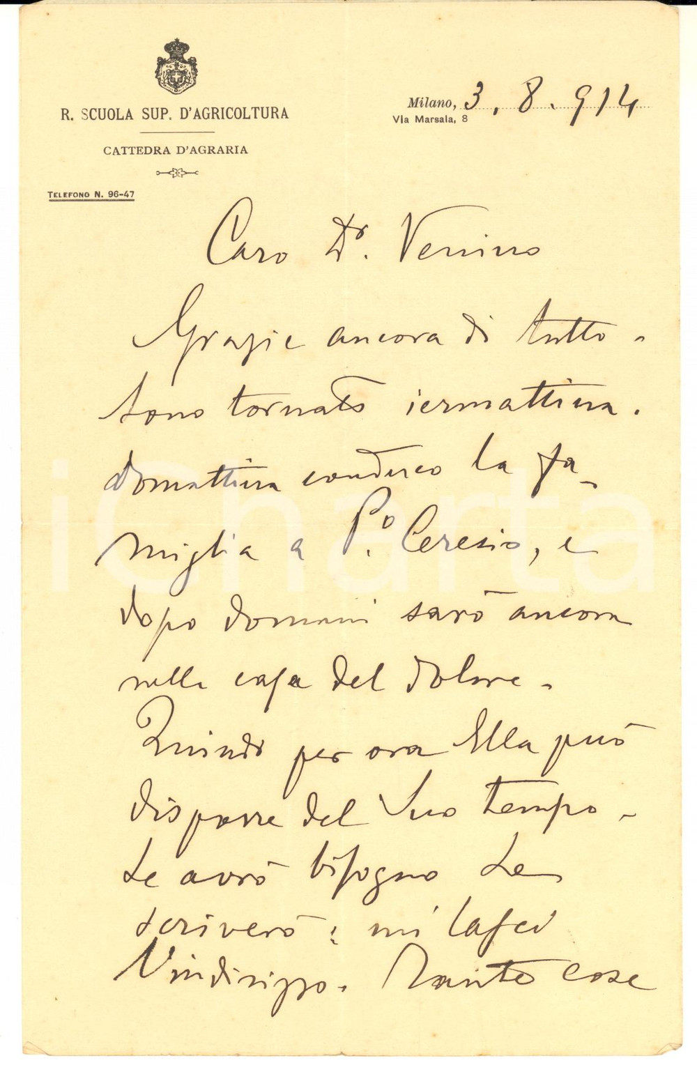 1914 MILANO Agronomo Vittorio ALPE trasferisce la famiglia - Lettera AUTOGRAFA