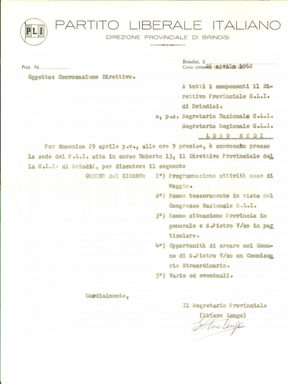 1962 PLI BRINDISI Lettera Ettore LONGO per convocazione direttivo - Autografo