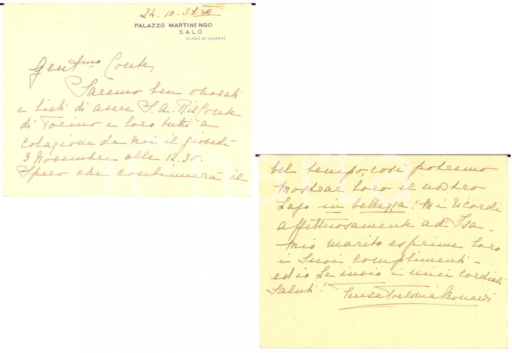 1938 SALO' Palazzo MARTINENGO - Biglietto Teresa TORLONIA BONARDI - Autografo