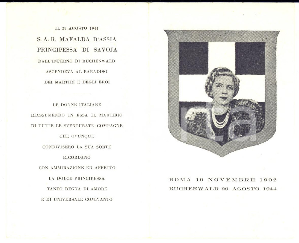 1950 ca Principessa Mafalda di SAVOIA - Santino commemorativo