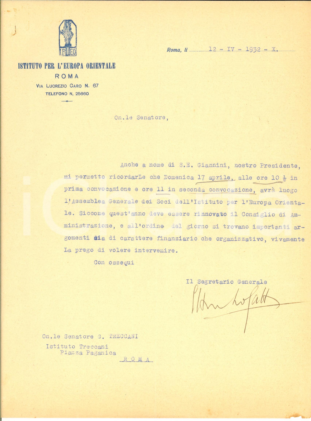 1932 ROMA Istituto per l'Europa Orientale - Lettera Ettore LO GATTO - AUTOGRAFO