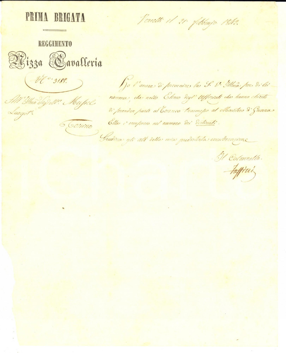 1842 VERCELLI Reggimento NIZZA CAVALLERIA - Lettera col. TASSINI  - Autografo