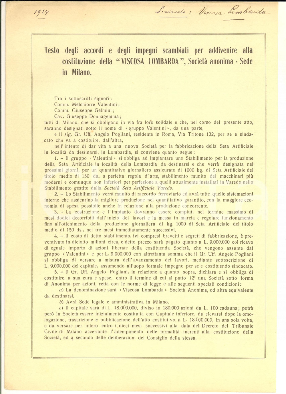 1924 MILANO Costituzione società VISCOSA LOMBARDA - Testo degli accordi