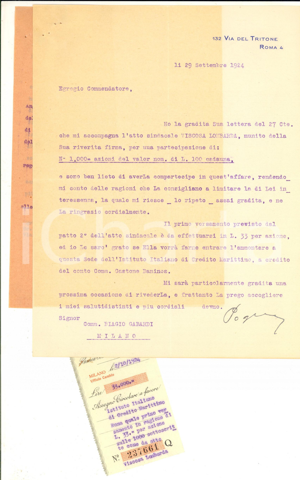 1924 ROMA Lettera Gr. Uff. Angelo POGLIANI per VISCOSA LOMBARDA - Autografo