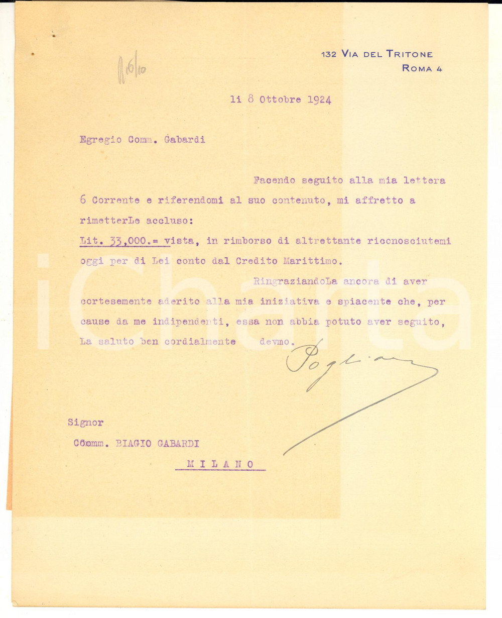 1924 ROMA Lettera Gr. Uff. Angelo POGLIANI per VISCOSA LOMBARDA *AUTOGRAFI Lettera dattiloscritta, con firma autografa, relativa a una partecipazione azionaria.Unito dattiloscritto originale e una seconda lettera copiata a carbone, ma con firma autografa.CONDIZIONI: FAIR (piegature d'epoca e brunitura)PAGINE: 3    originale e autentica 1