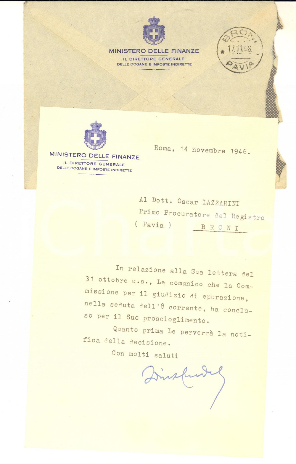 1946 ROMA Lettera comm. CRUDELE Direttore Generale delle Dogane - Autografo