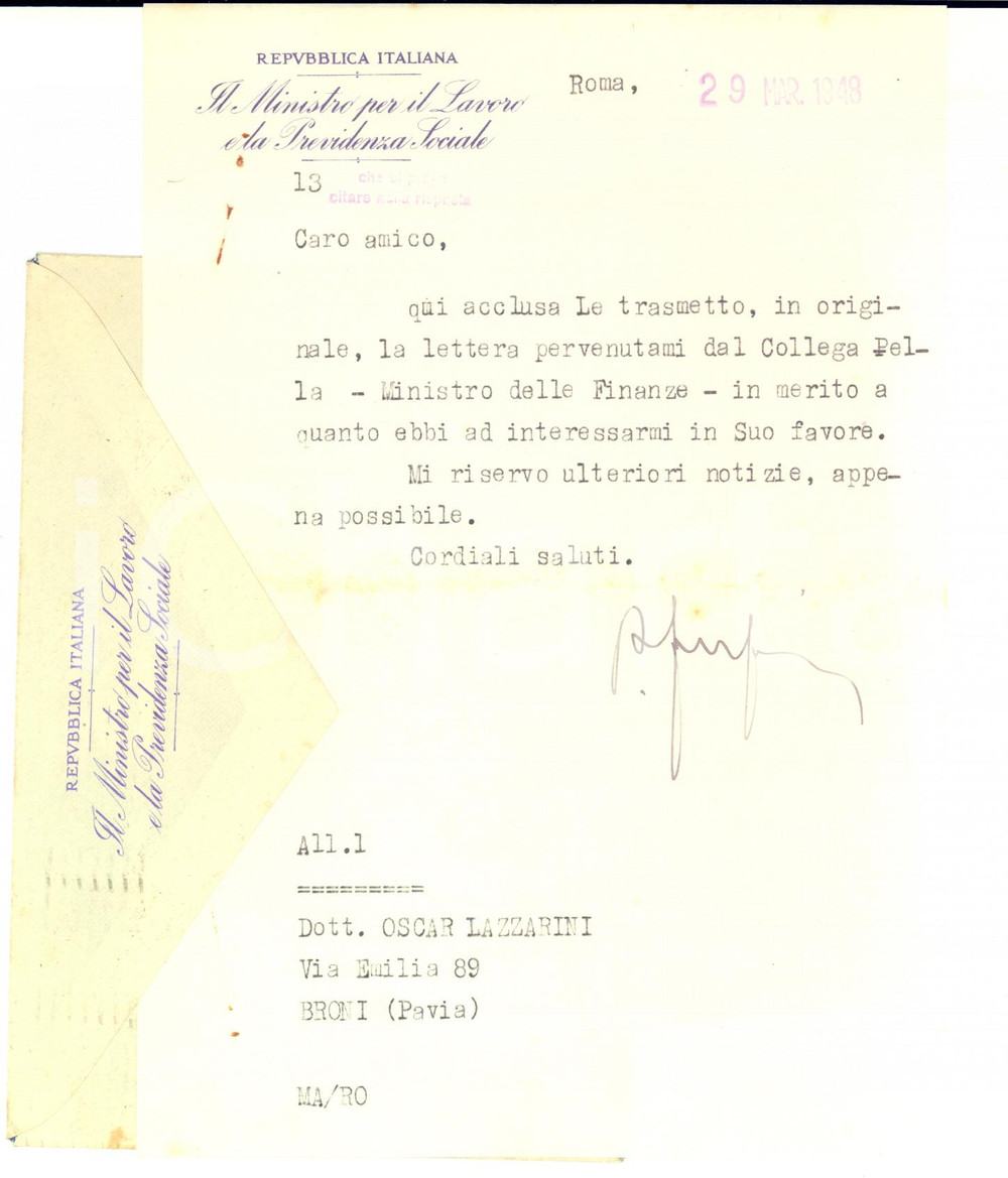 1948 ROMA Lettera ministro Amintore FANFANI pro raccomandato - Autografo