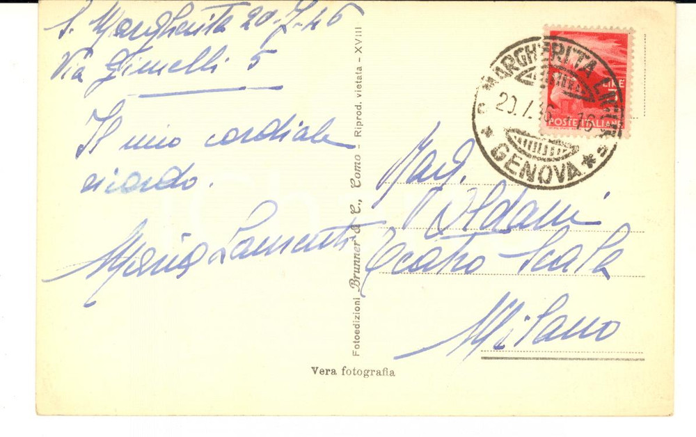 1946 S. MARGHERITA LIGURE Cantante lirica Maria LAURENTI - AUTOGRAFO FP VG