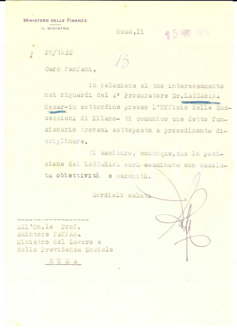 1948 ROMA Lettera ministro Giuseppe PELLA pro raccomandato - Autografo