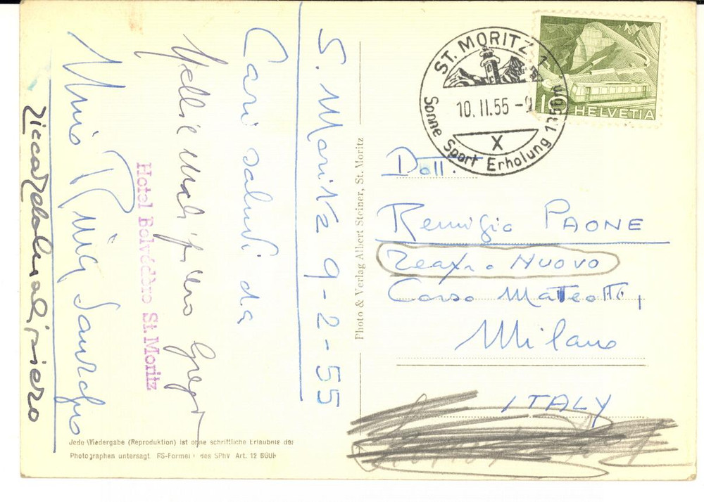 1955 ST. MORITZ Nino SANZOGNO Direttore d'orchestra - Cartolina a Remigio Paone
