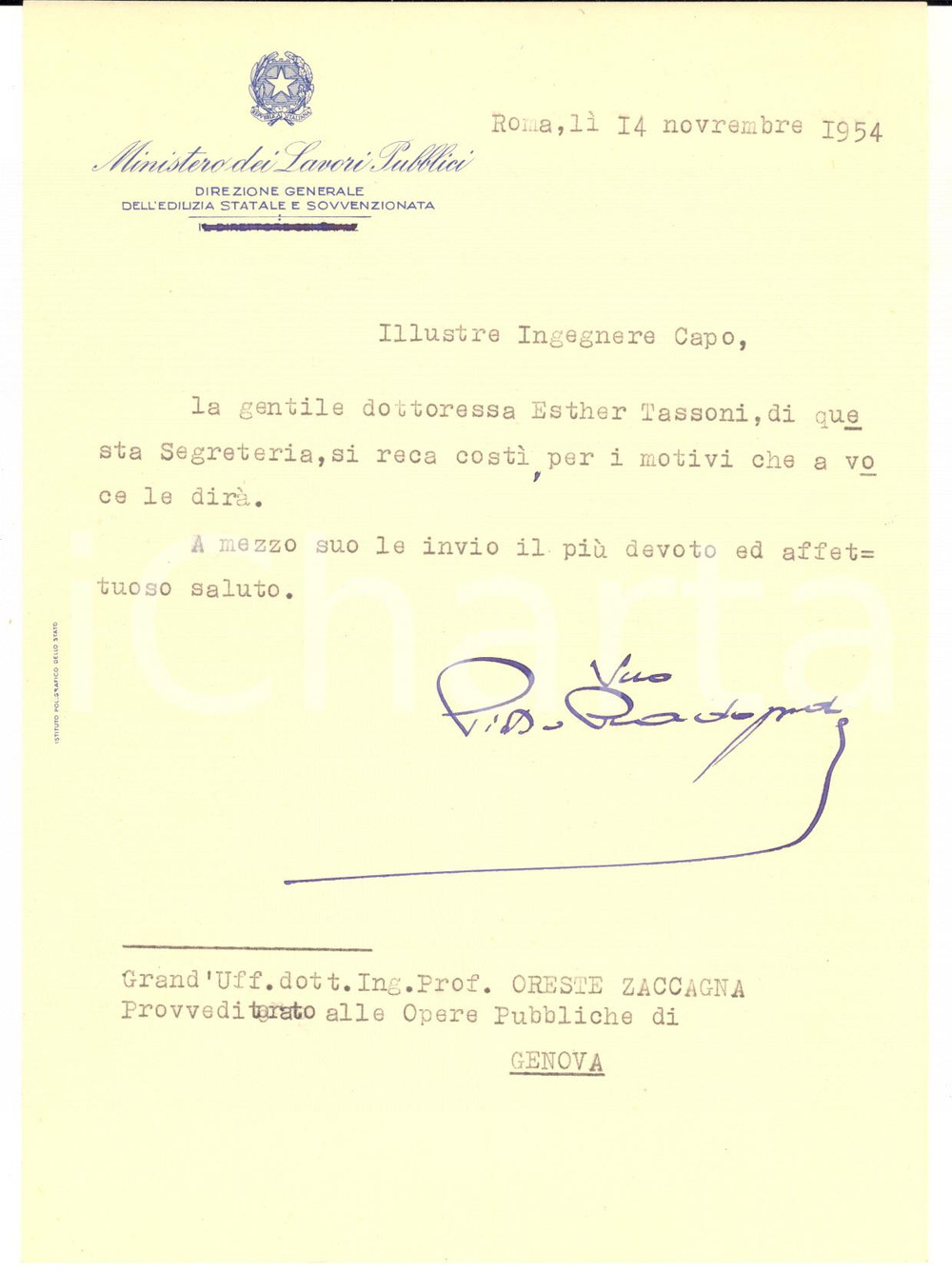 1954 ROMA Ministero dei Lavori Pubblici - Direttore Edilizia Statale - Autografo