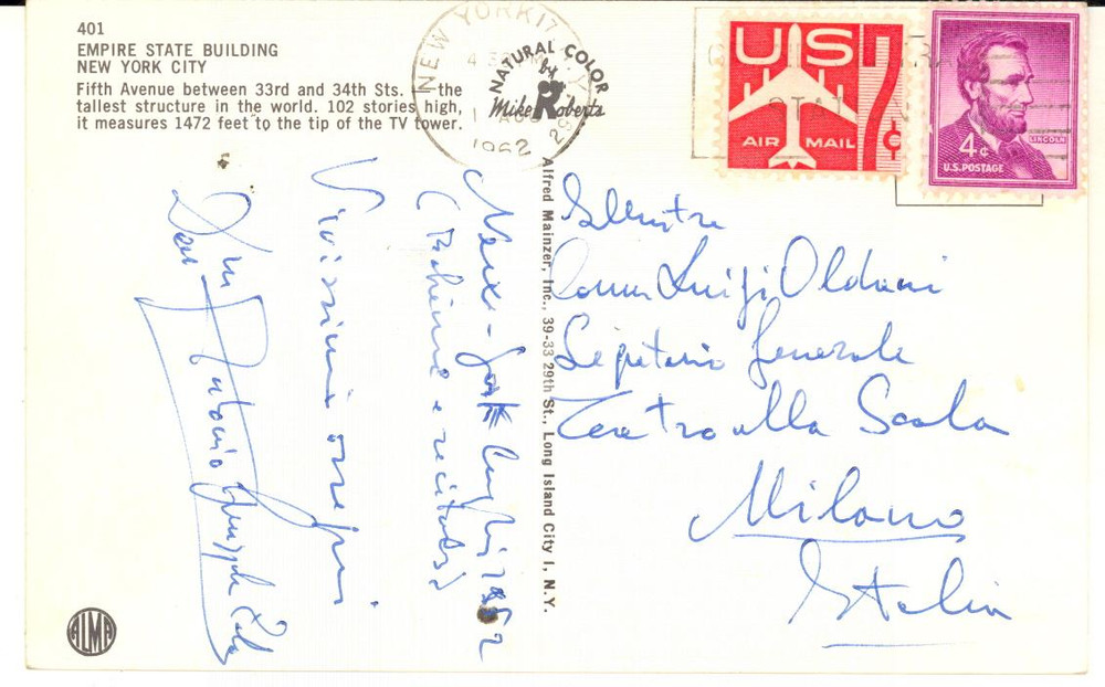 1962 NEW YORK Tenore Antonio SPRUZZOLA ZOLA - Cartolina a Luigi OLDANI AUTOGRAFO