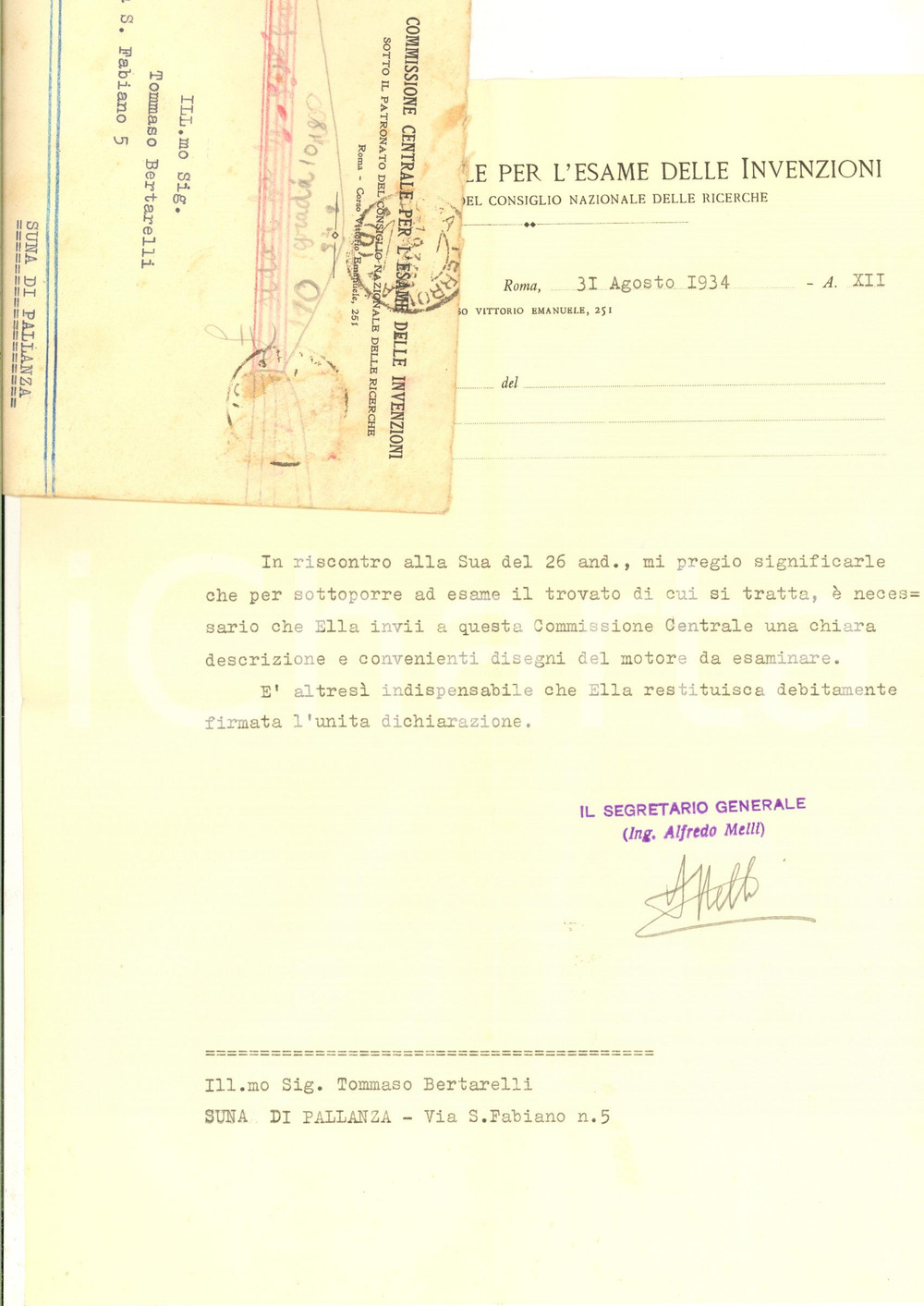 1934 ROMA Lettera ing. Alfredo MELLI - Commissione Esame Invenzioni - Autografo