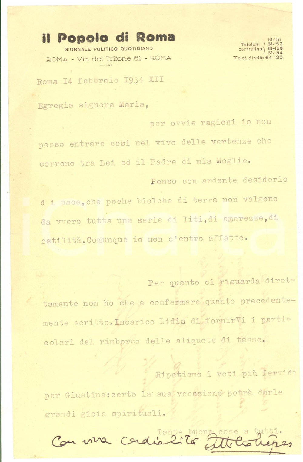 1934 IL POPOLO DI ROMA Lettera Attilio CREPAS su questioni familiari - AUTOGRAFO