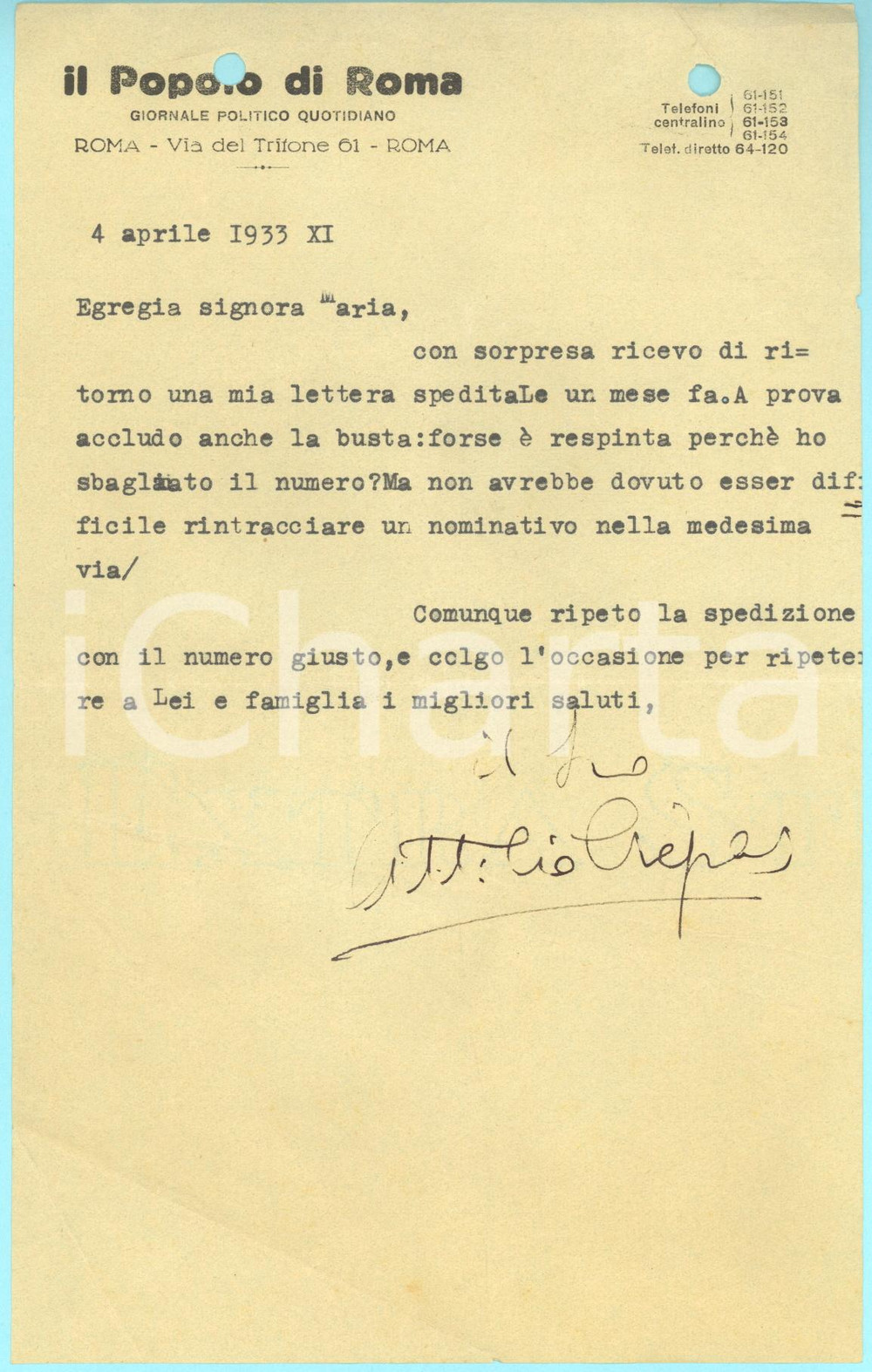 1934 IL POPOLO DI ROMA Lettera Attilio CREPAS per spedizione - AUTOGRAFO