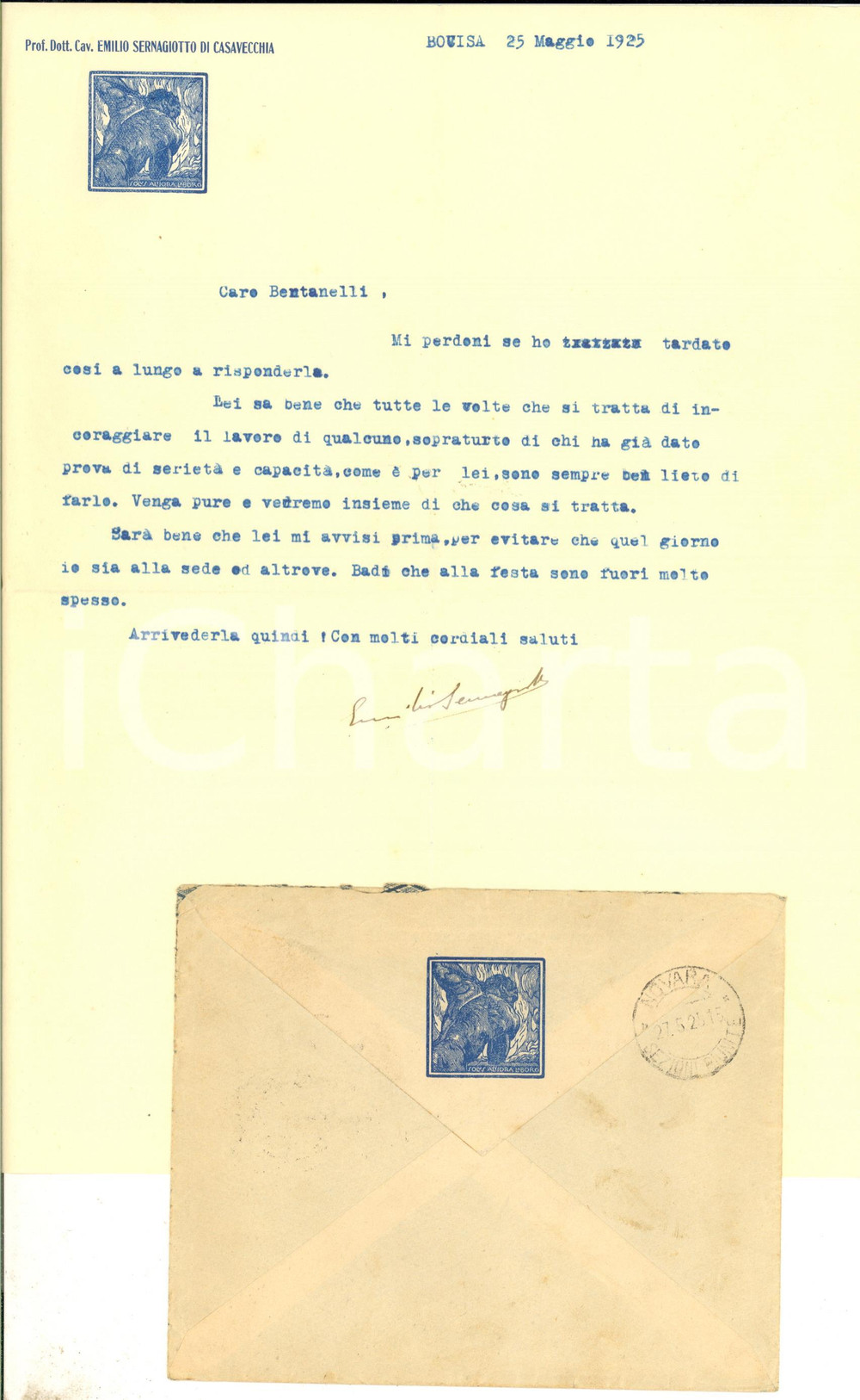 1925 MILANO BOVISA Lettera Emilio SERNAGIOTTO DI CASAVECCHIA - AUTOGRAFO
