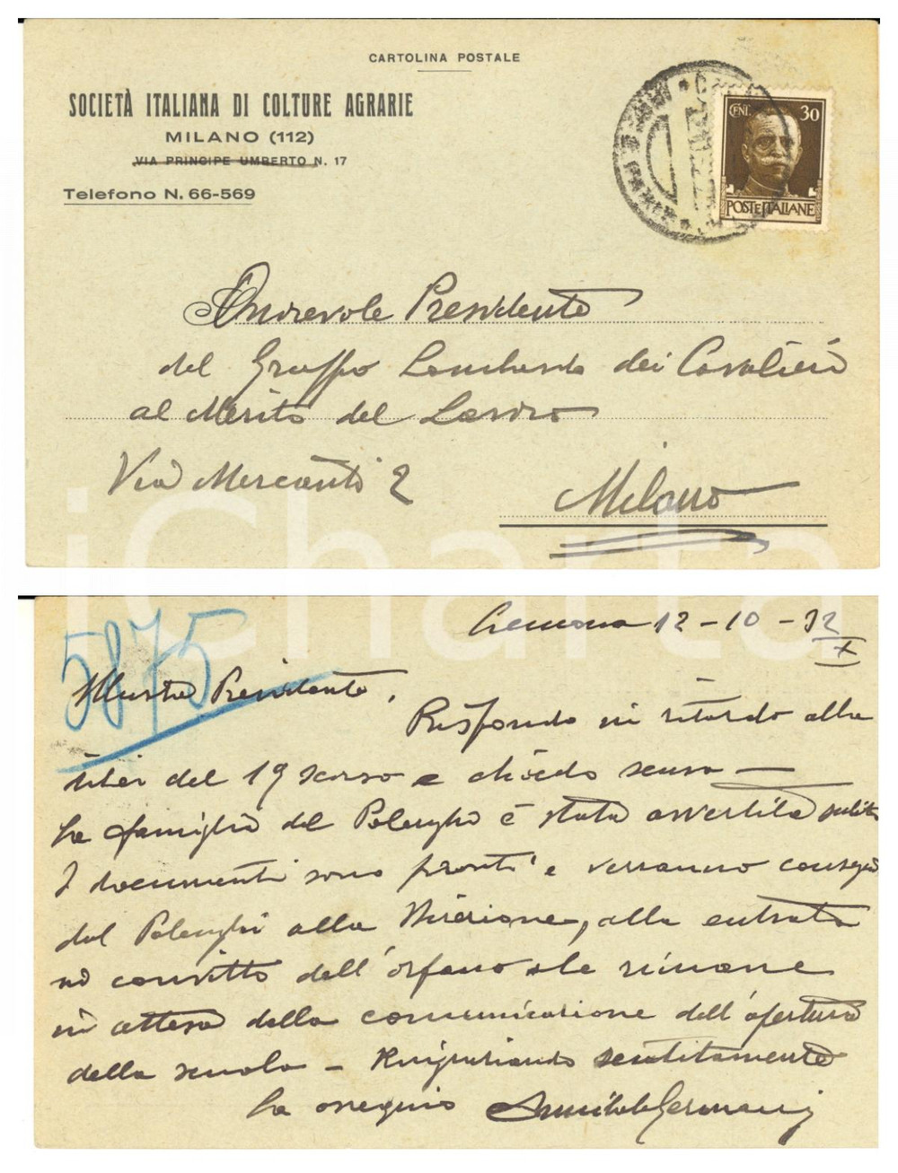 1932 CREMONA Cartolina Annibale GERMANI - Società Colture Agrarie - Autografo