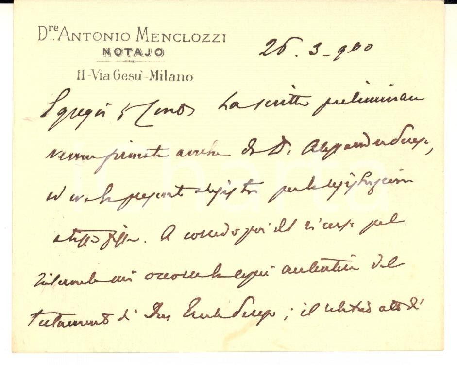 1900 MILANO Biglietto notaio Antonio MENCLOZZI per documenti - AUTOGRAFO