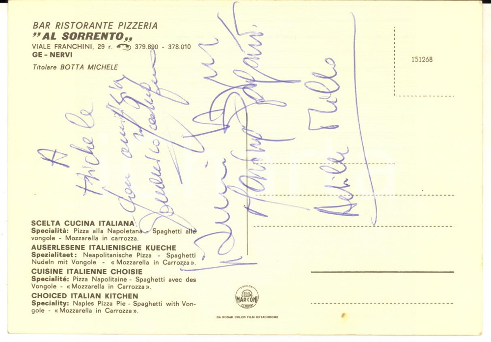 1970 ca GENOVA NERVI Cartolina Achille MILLO Gianni AGUS Marina PAGANO Autografi