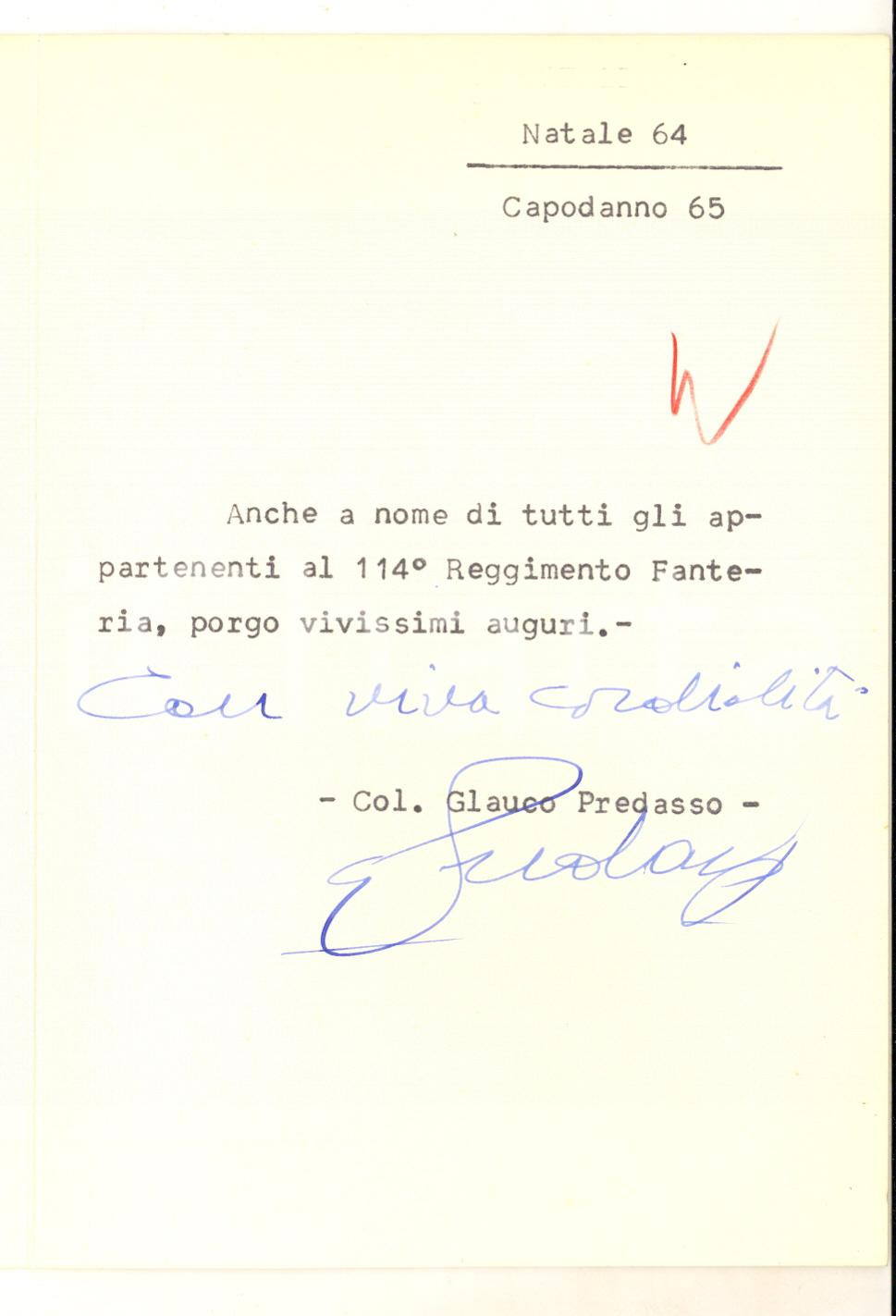 1964 114° Reggimento Fanteria MANTOVA Biglietto col. Glauco PREDASSI Autografo