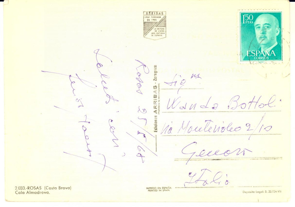 1968 ROSAS (ES) Cartolina pittore Guido HANSET - AUTOGRAFO FG VG