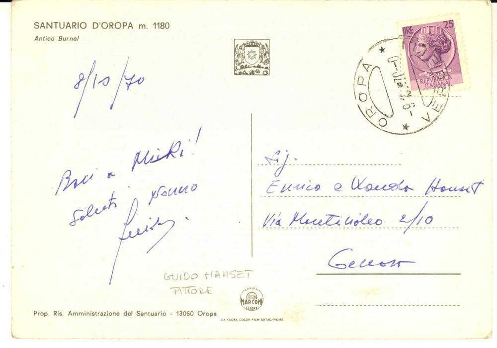 1970 SANTUARIO D'OROPA Cartolina pittore Guido HANSET ai figli - AUTOGRAFO FG VG