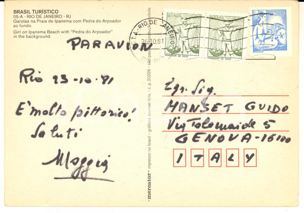 1981 RIO DE JANEIRO Pittore Carlo MOGGIA a Guido HANSET - AUTOGRAFO FG VG