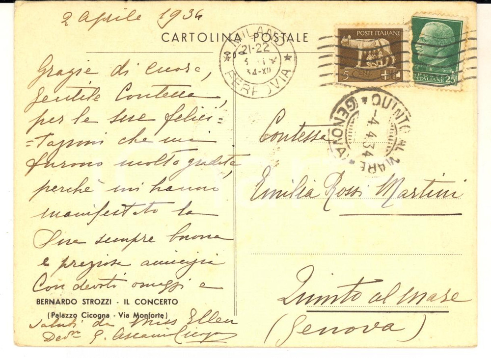 1934 MILANO Cartolina Giovanni Ascanio CICOGNA MOZZONI compositore - AUTOGRAFO