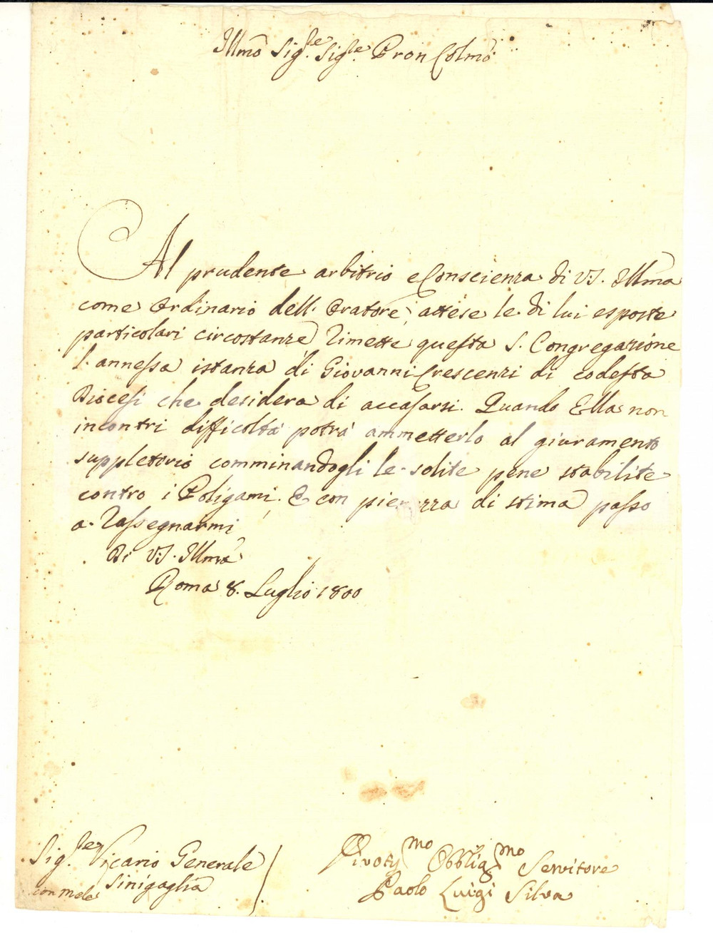 1800 ROMA Lettera Paolo Luigi SILVA su possibile caso di poligamia - AUTOGRAFO