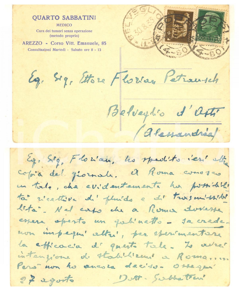 1933 AREZZO Quarto SABATINI - Cura dei tumori senza operazione - AUTOGRAFO