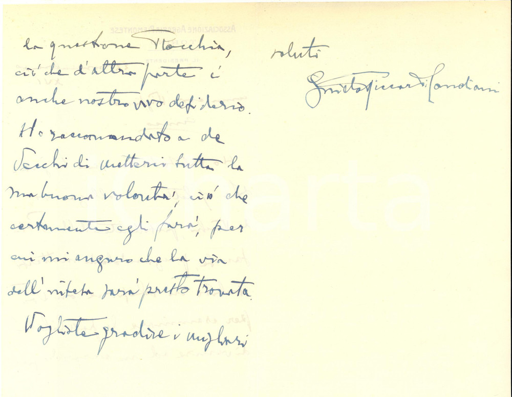 1938 TORINO Lettera Guido RICCARDI CANDIANI - Associazione Agraria - AUTOGRAFO