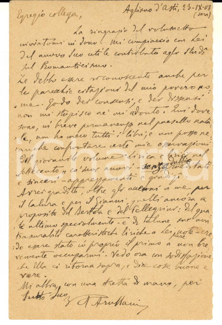 1908 AGLIANO D'ASTI Cartolina Vittorio Amedeo ARULLANI - AUTOGRAFO FP VG