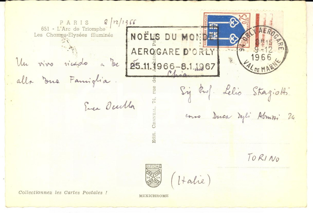 1966 PARIS Cartolina prof. Enea OCCELLA a Lelio Stragiotti - AUTOGRAFO FG VG