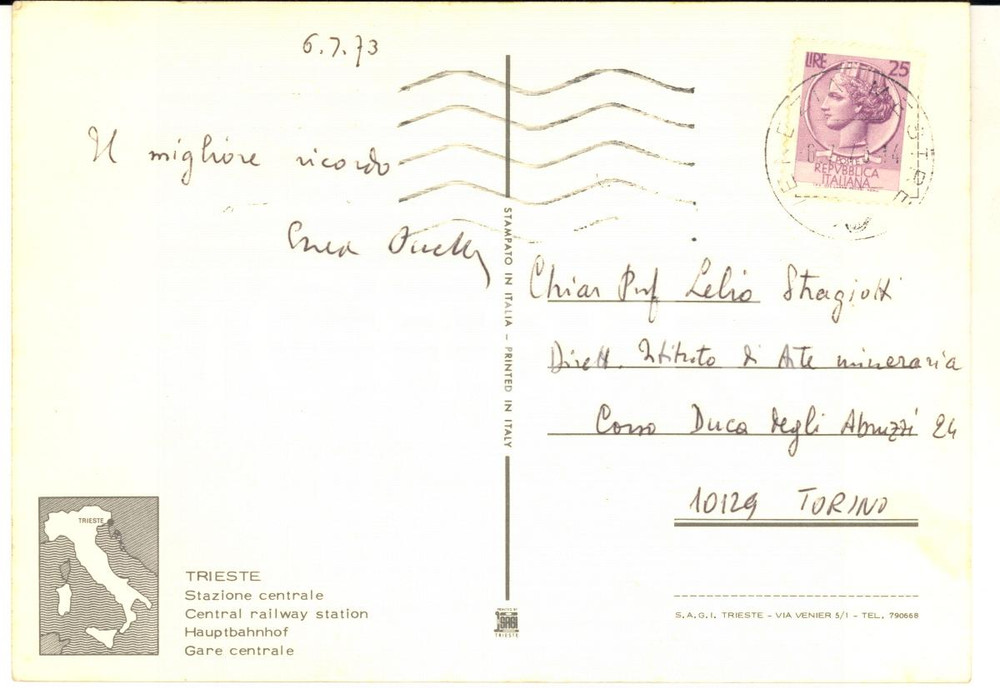 1973 TRIESTE Cartolina prof. Enea OCCELLA a Lelio Stragiotti - AUTOGRAFO FG VG