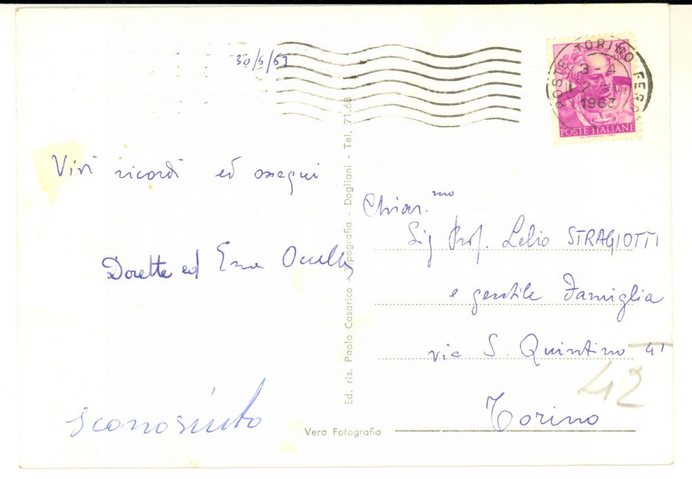 1963 BOSSOLASCO Cartolina prof. Enea OCCELLA - AUTOGRAFO FG VG