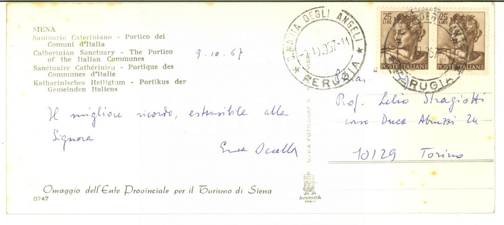 1967 SIENA Cartolina prof. Enea OCCELLA a Lelio Stragiotti - AUTOGRAFO FG VG